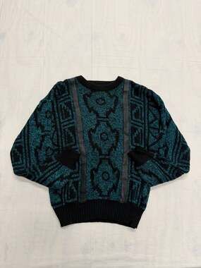 Vintage Chartwell 1980s Abstract Pattern Knit Sweater with Genuine Leather Accen